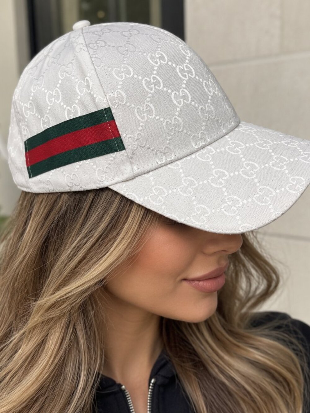 White Monogram Baseball Cap Green Red Stripe Adjustable Fashion Hat